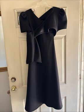 beaufille Black Puff-Sleeve Draped Midi Dress